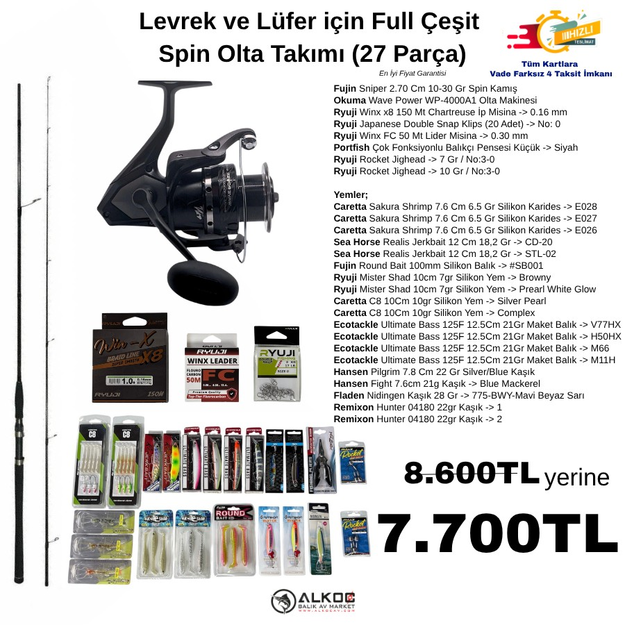 Levrek ve Lüfer için Full Çeşit Spin Olta Takımı (27 Parça)