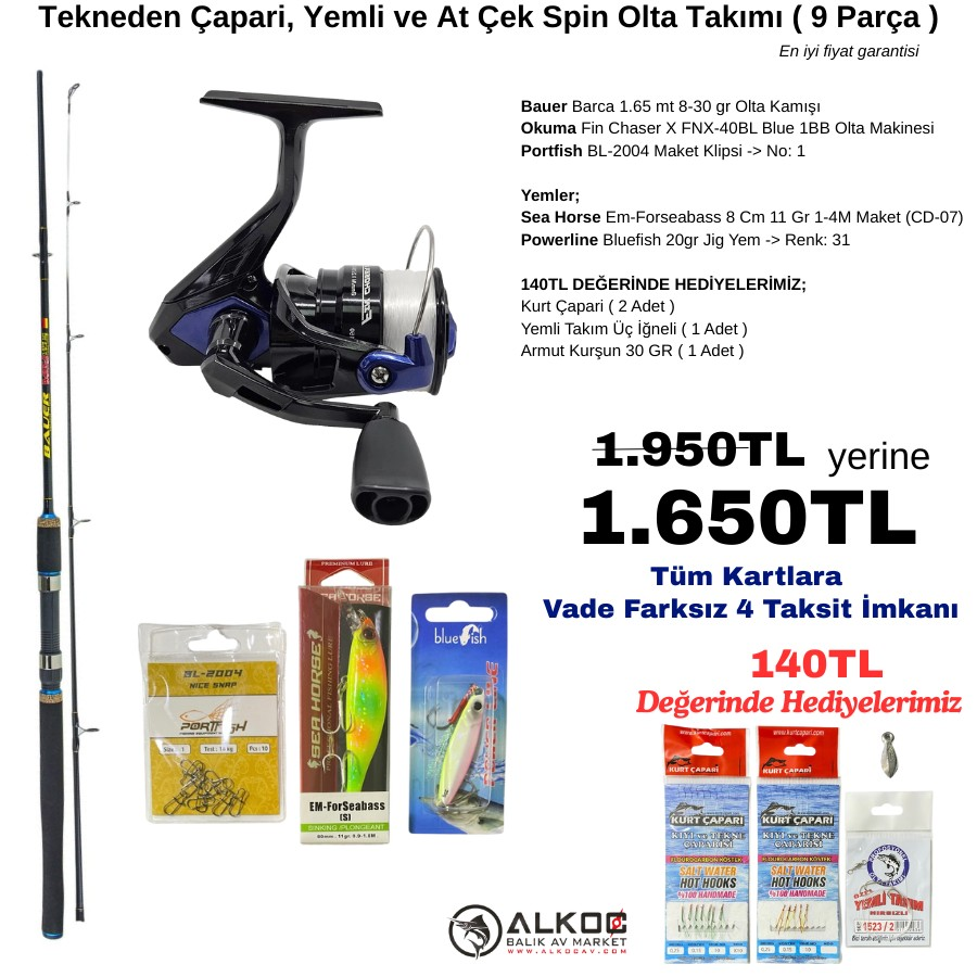 Tekneden Çapari, Yemli ve At Çek Spin Olta Takımı ( 9 Parça )